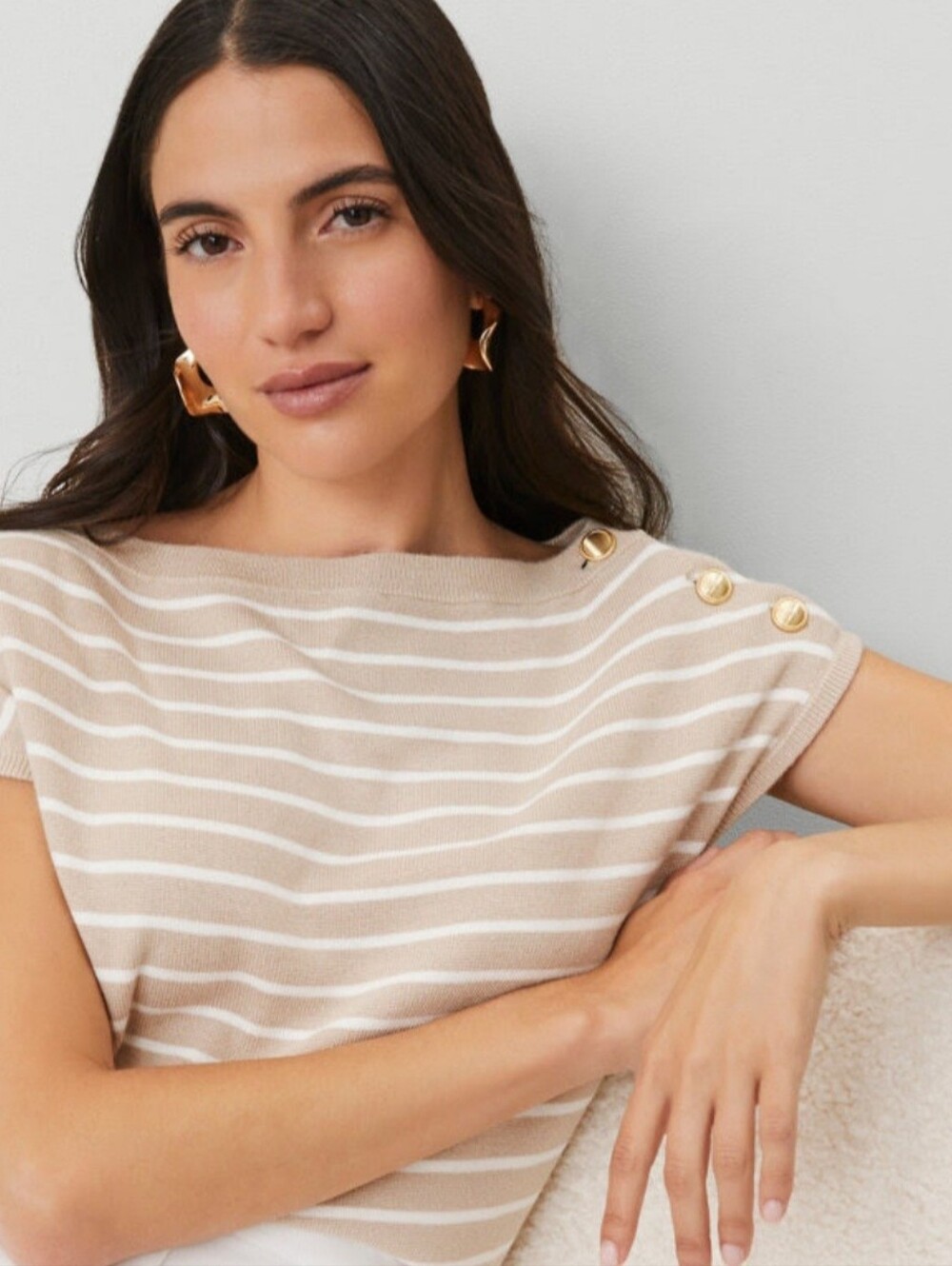Ann Taylor Beige and White Striped Boatneck Sweater